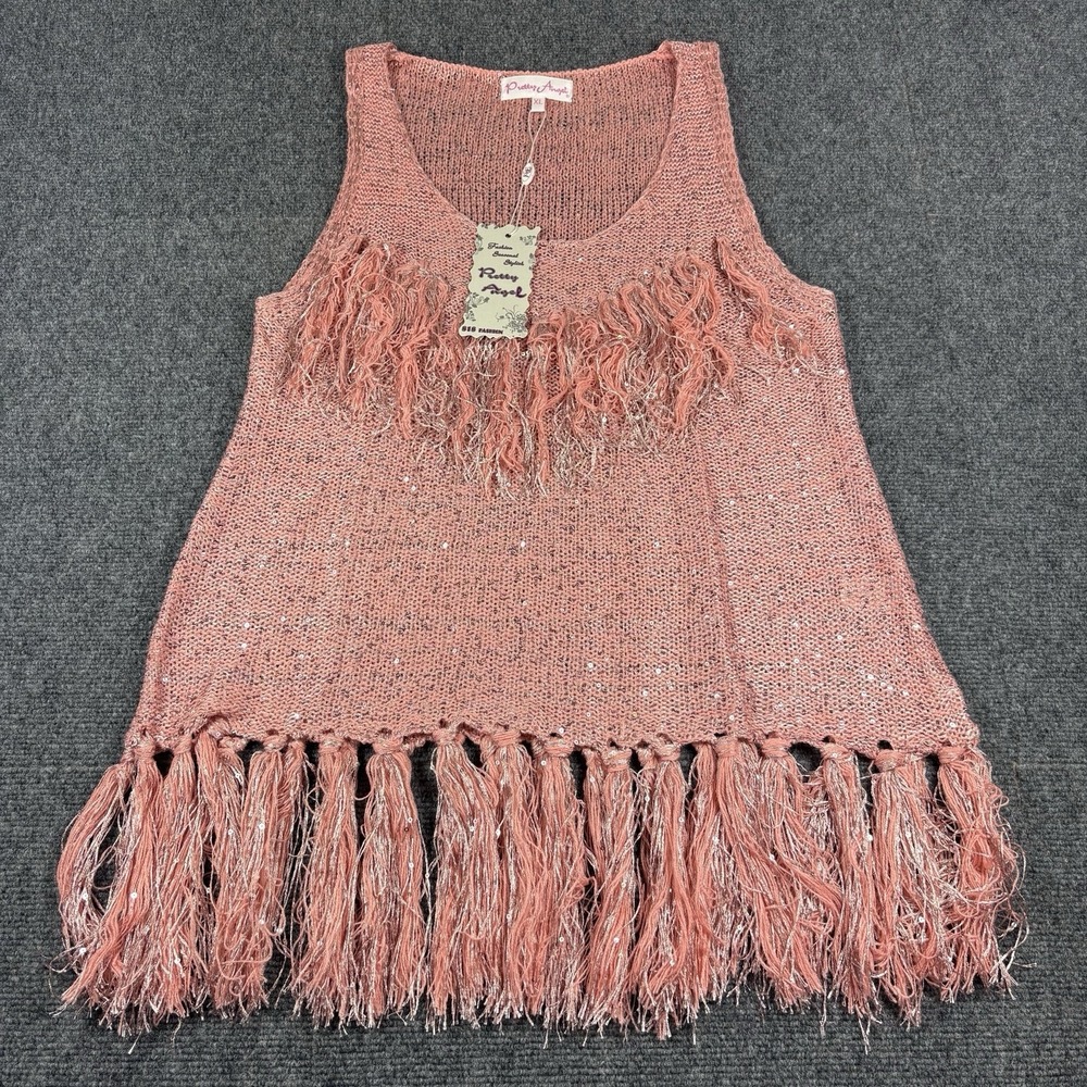 Pretty Angel Womens Crochet Linen Blend Pink Fringed Top Tassels Coastal Cowgirl